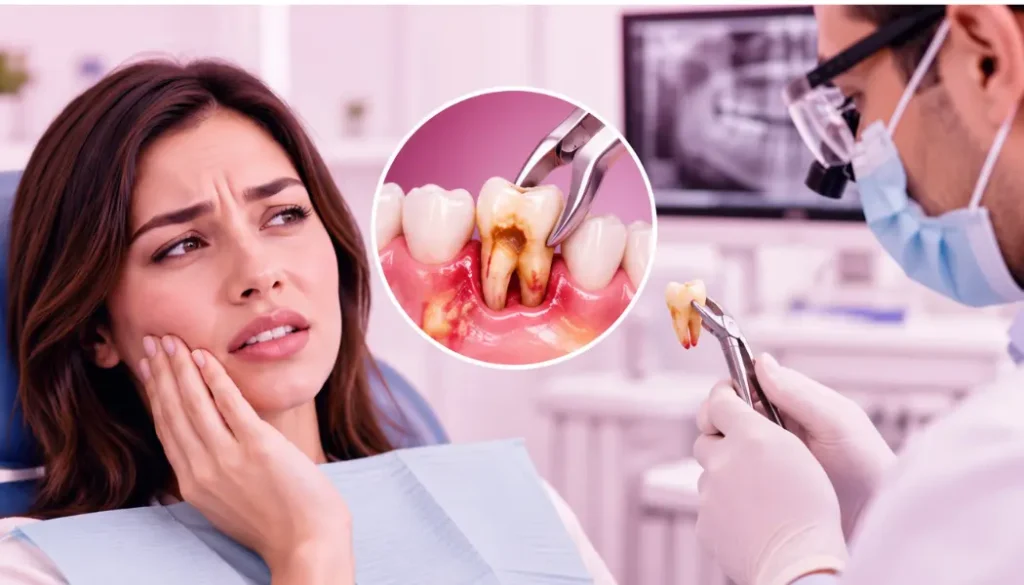Woman with tooth pain and dentist extracting an infected tooth, illustrating how to extract a tooth that is infected.