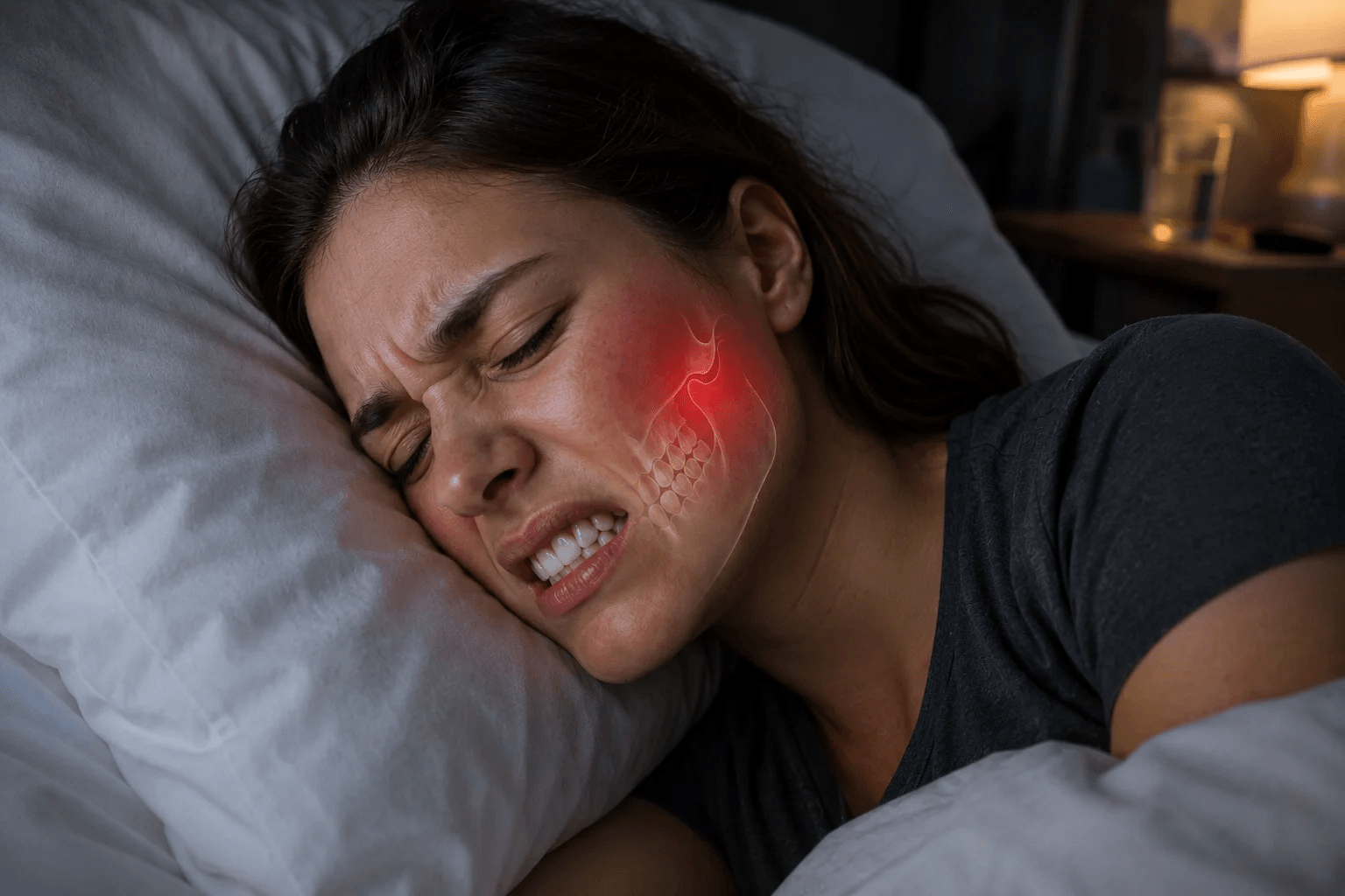 Woman lying in bed with her eyes closed, appearing to be asleep.